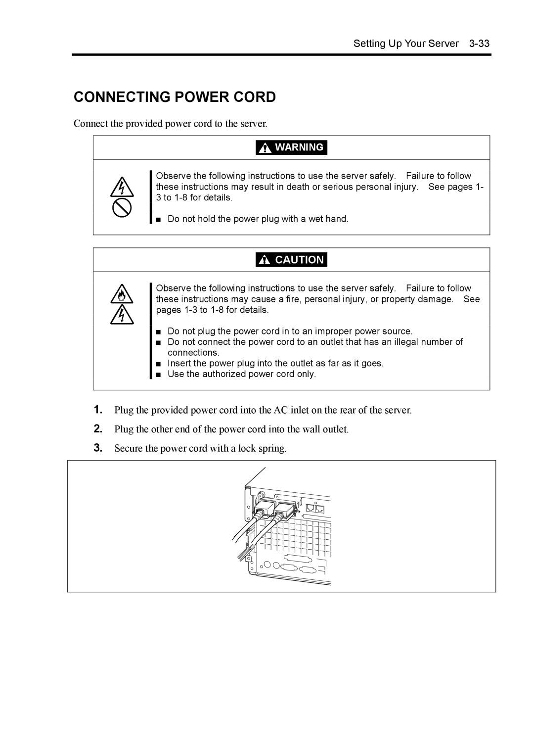 NEC 140Rc-4 manual Connecting Power Cord, Connect the provided power cord to the server 