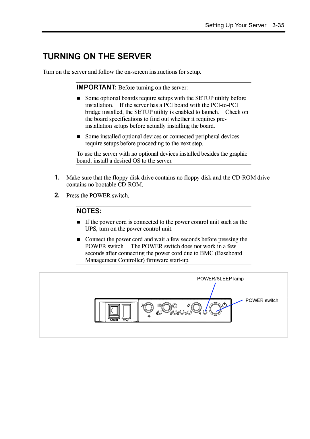 NEC 140Rc-4 manual Turning on the Server 