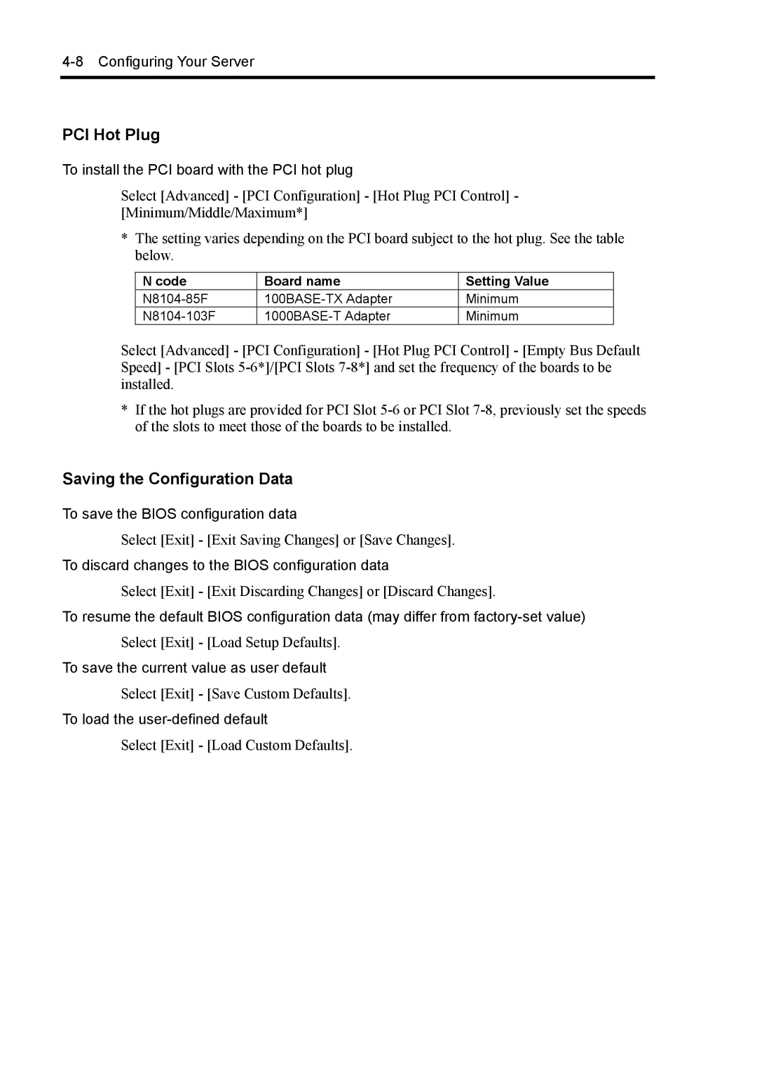 NEC 140Rc-4 manual PCI Hot Plug, Saving the Configuration Data, Code Board name Setting Value 