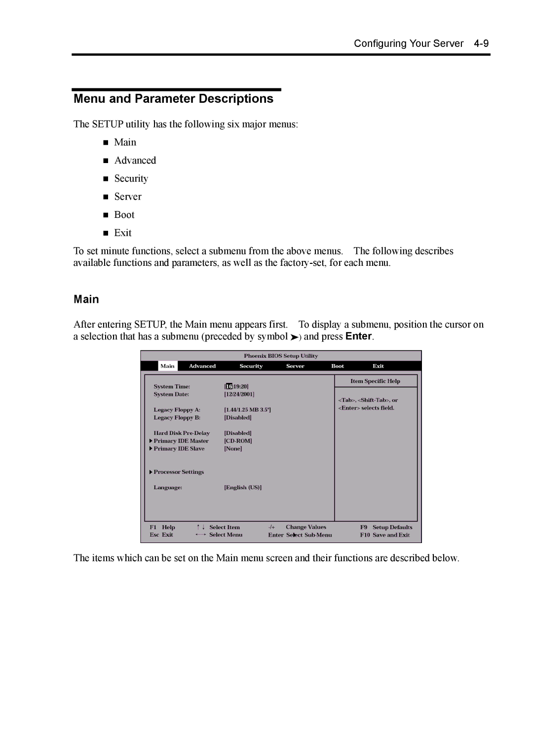 NEC 140Rc-4 manual Menu and Parameter Descriptions, Main 