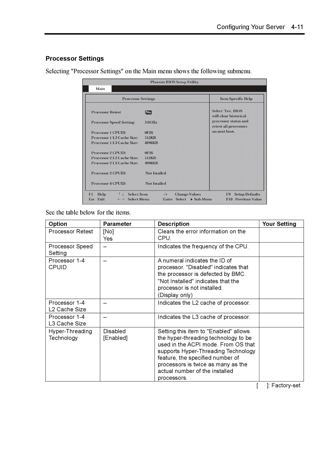 NEC 140Rc-4 manual Processor Settings, Cpuid 