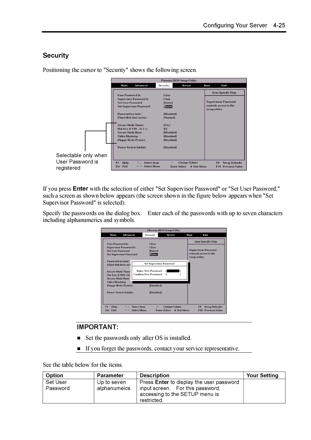 NEC 140Rc-4 manual Selectable only when User Password is registered 