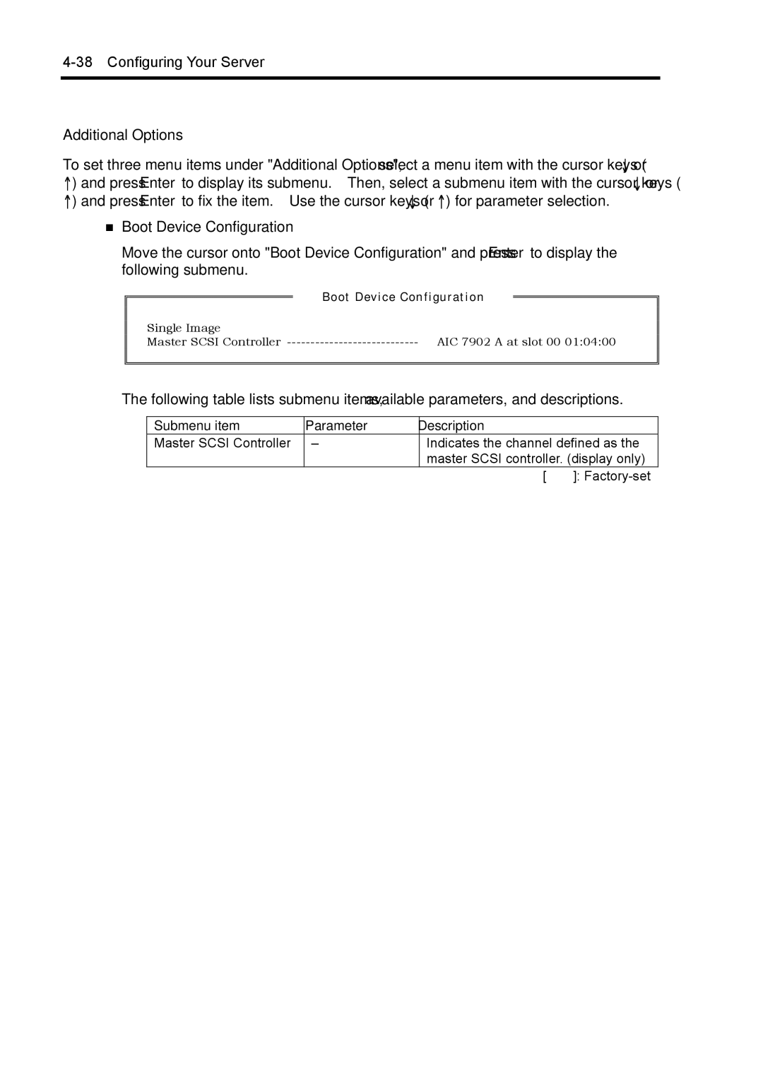 NEC 140Rc-4 manual Additional Options, „ Boot Device Configuration, Submenu item Parameter Description 