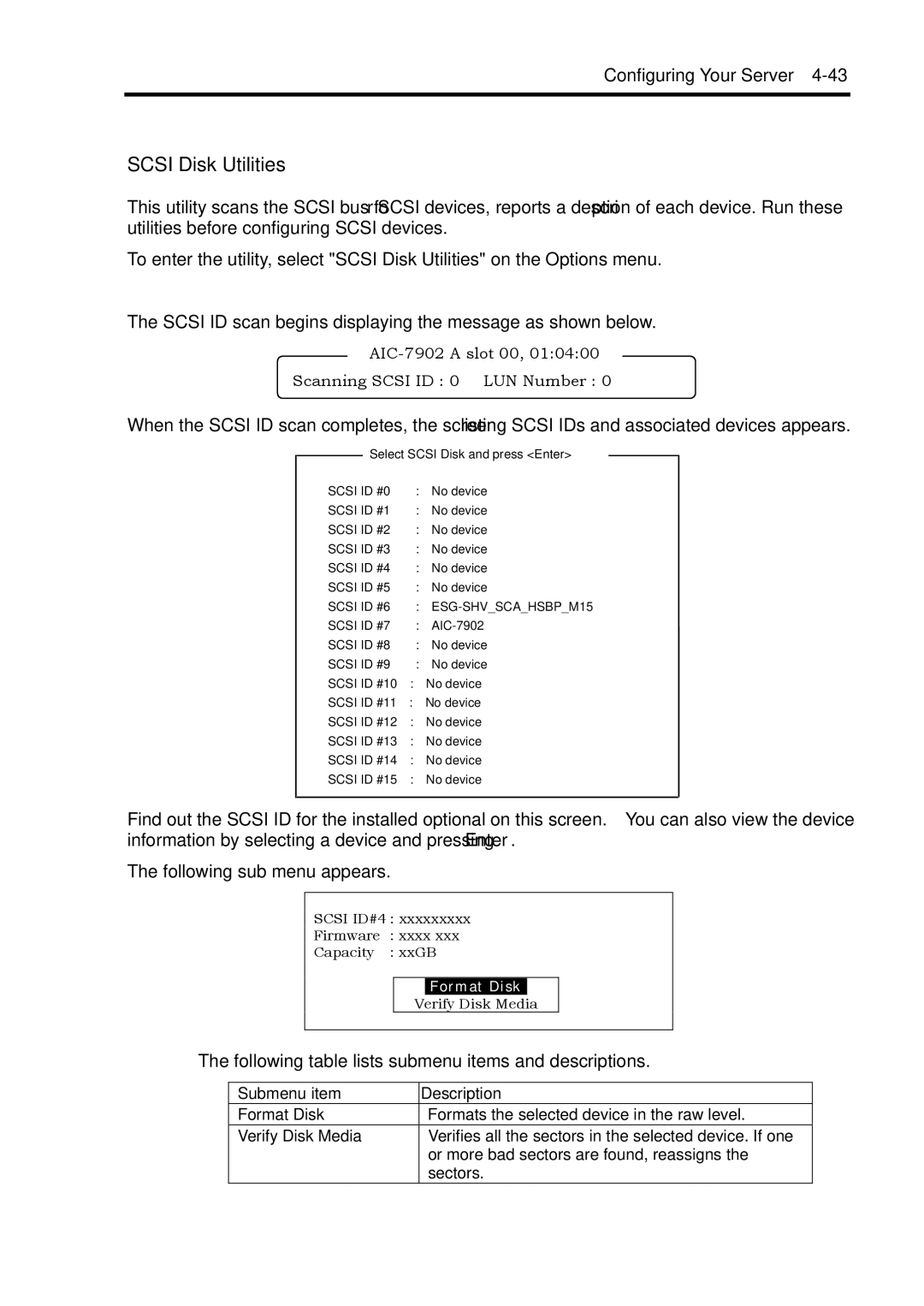 NEC 140Rc-4 manual Scsi Disk Utilities, Submenu item Description 