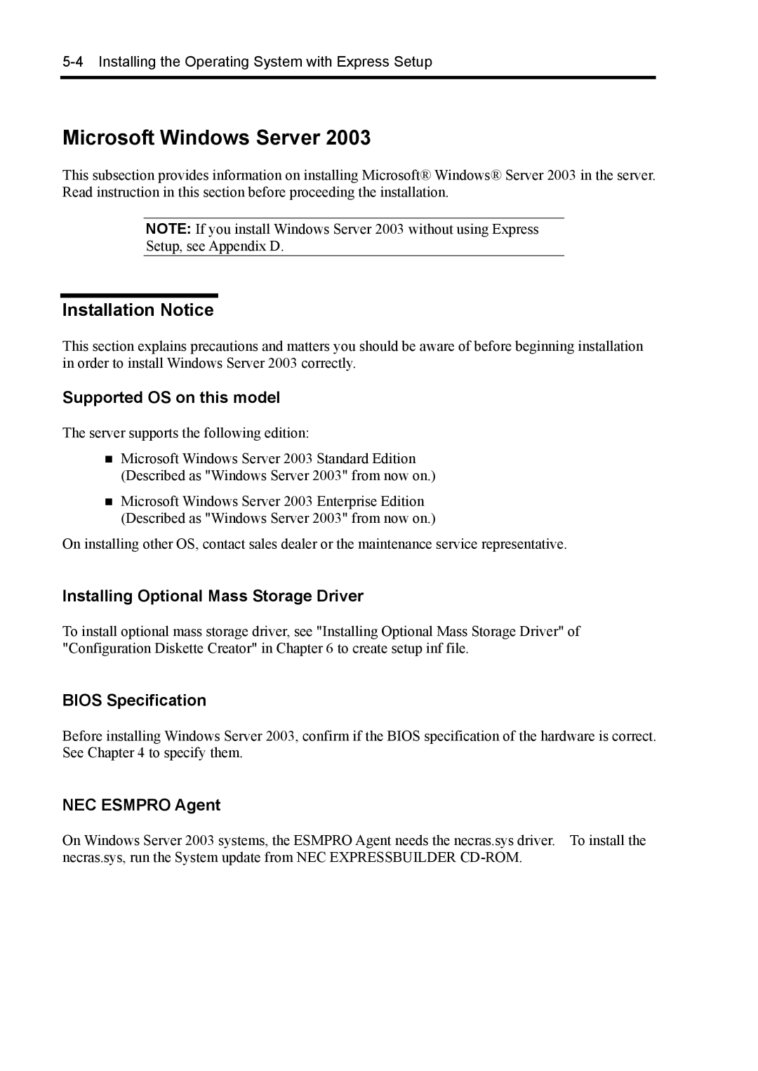 NEC 140Rc-4 Installation Notice, Supported OS on this model, Installing Optional Mass Storage Driver, Bios Specification 