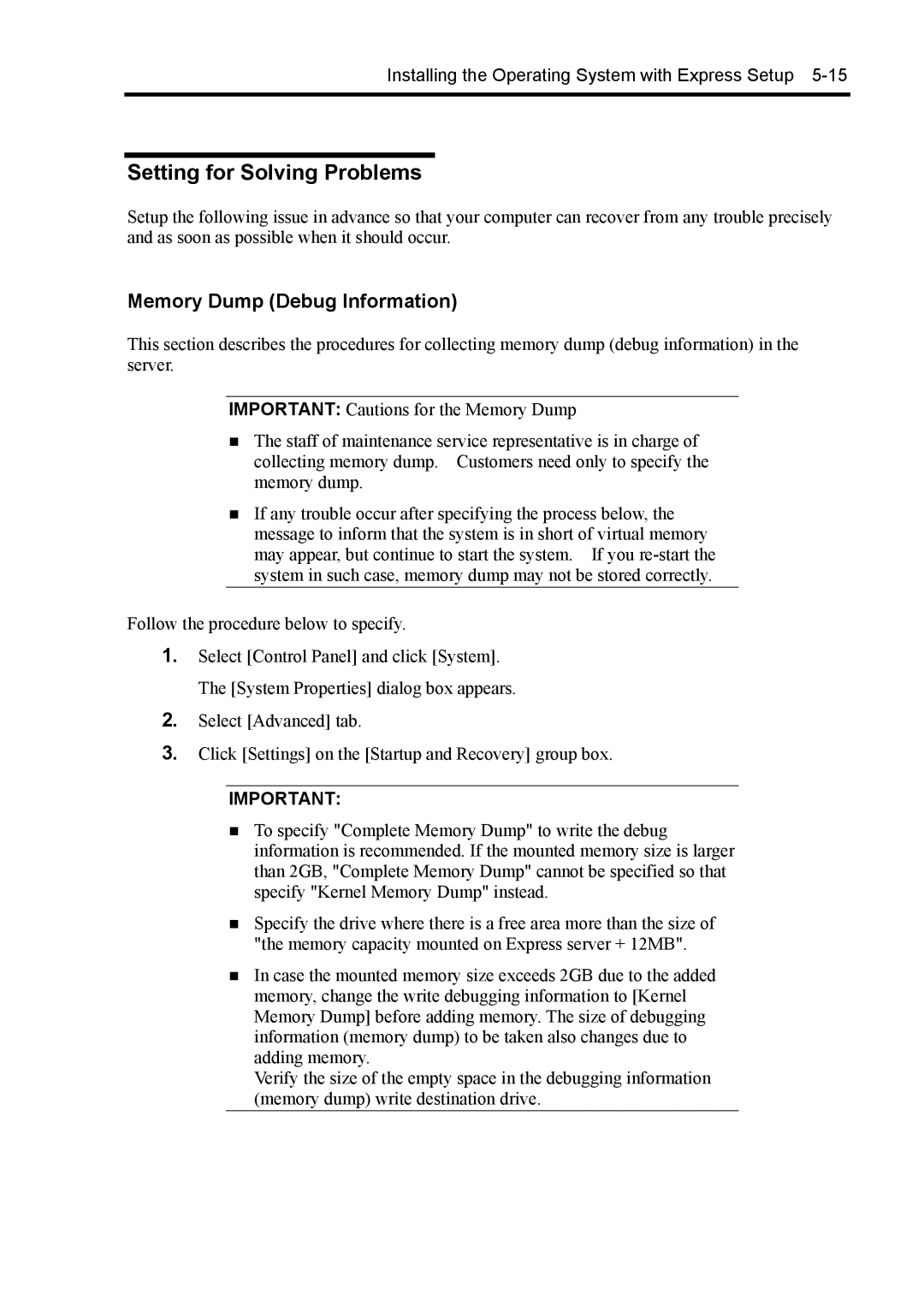 NEC 140Rc-4 manual Setting for Solving Problems, Memory Dump Debug Information 