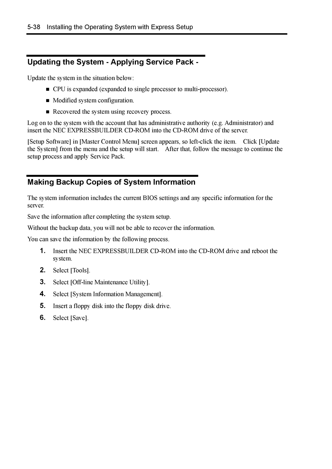 NEC 140Rc-4 manual Updating the System Applying Service Pack, Making Backup Copies of System Information 