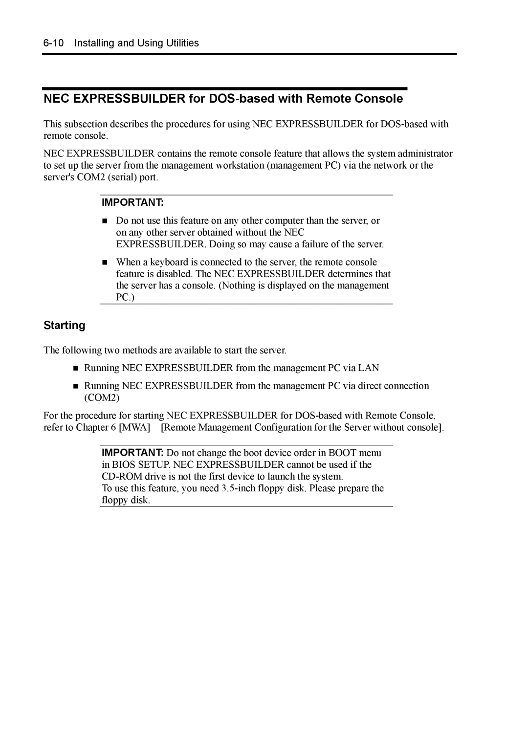 NEC 140Rc-4 manual NEC Expressbuilder for DOS-based with Remote Console, Starting 