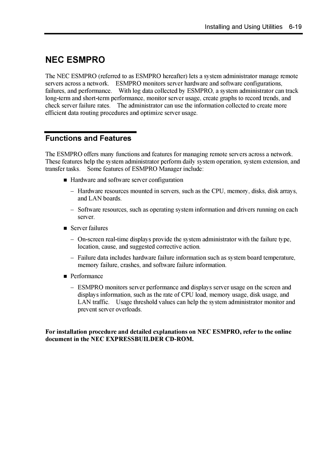 NEC 140Rc-4 manual NEC Esmpro, Functions and Features 