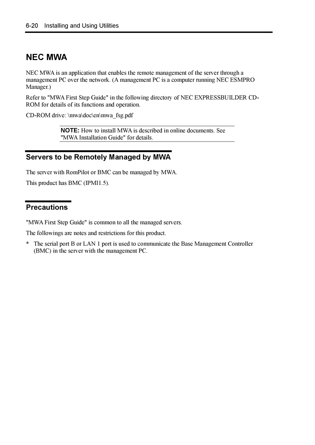 NEC 140Rc-4 manual Nec Mwa, Servers to be Remotely Managed by MWA, Precautions 