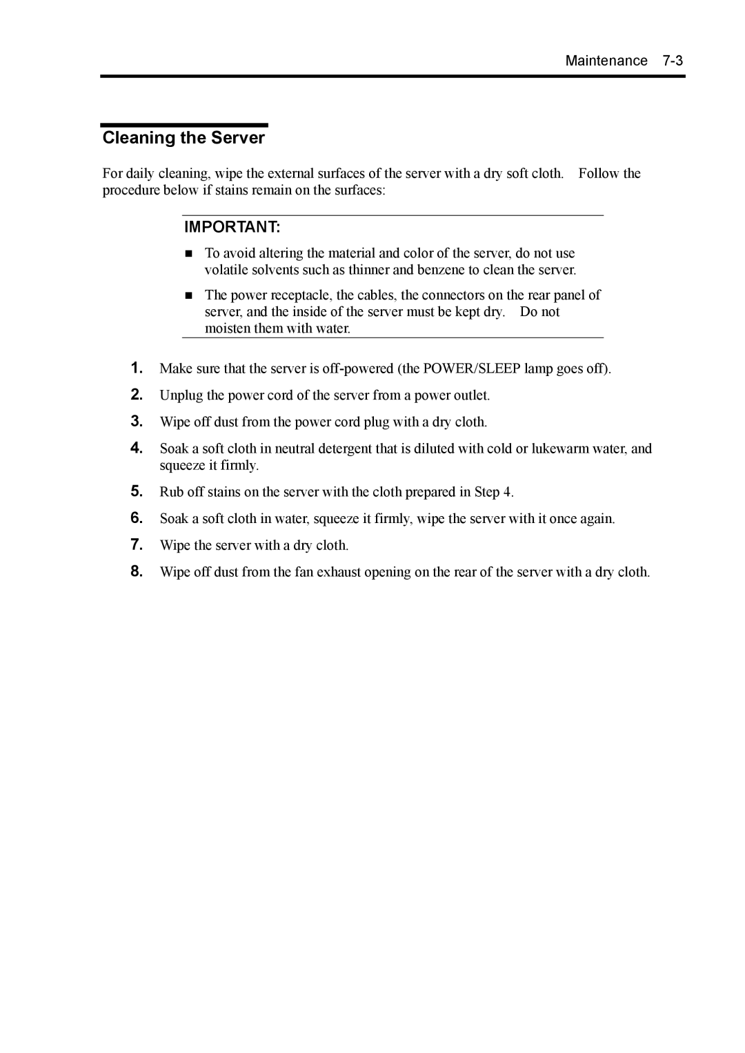 NEC 140Rc-4 manual Cleaning the Server 