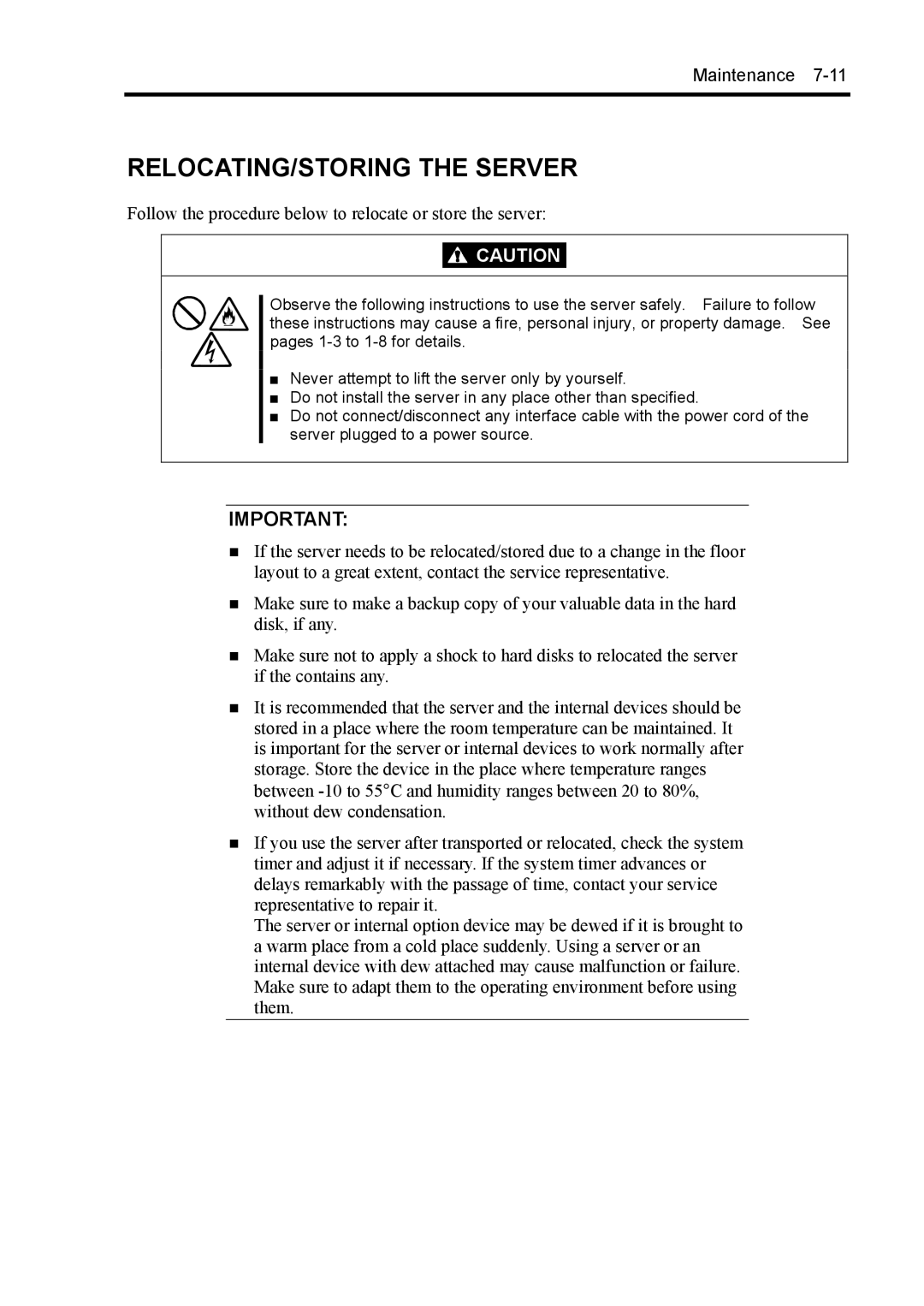 NEC 140Rc-4 manual RELOCATING/STORING the Server, Follow the procedure below to relocate or store the server 