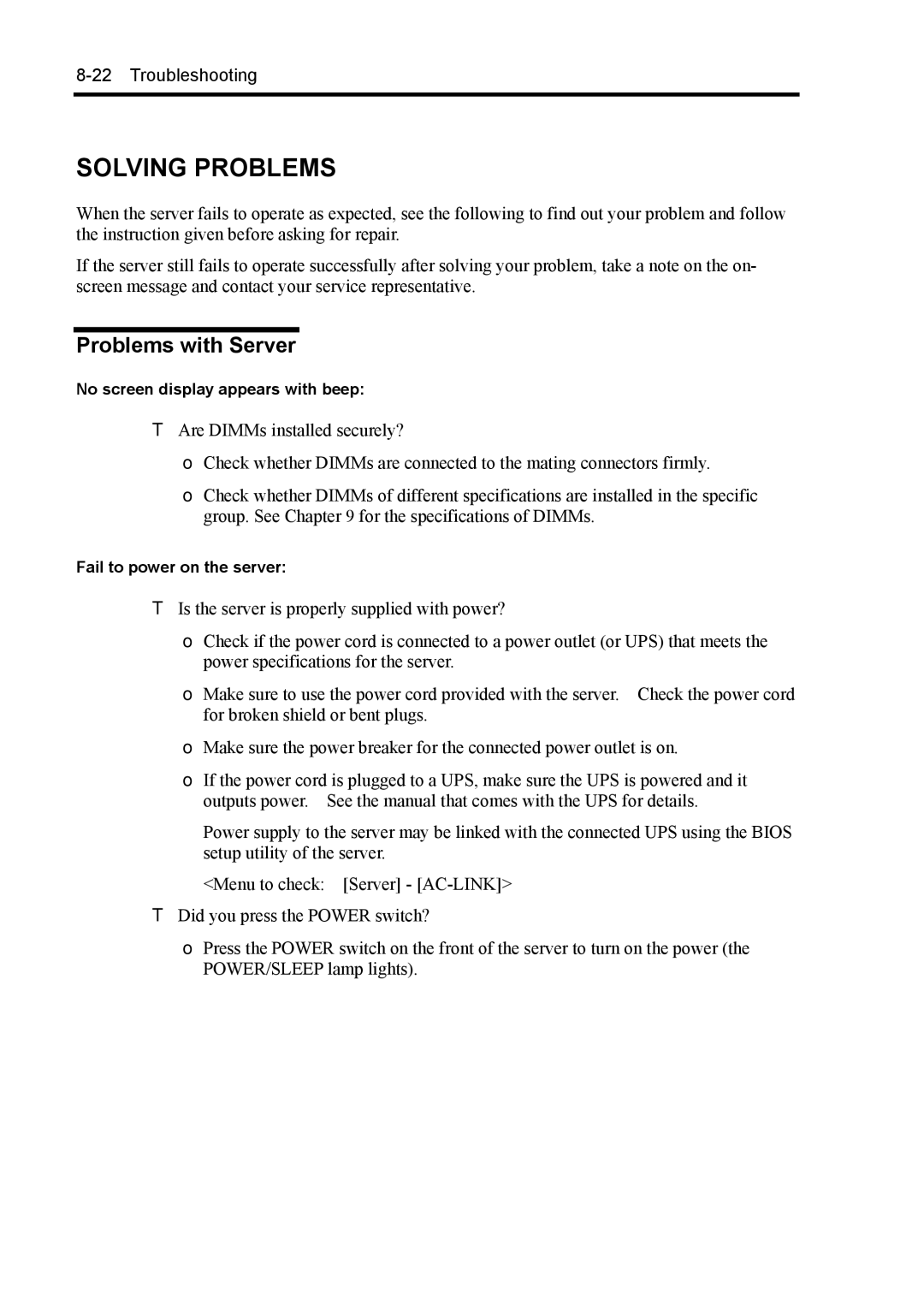 NEC 140Rc-4 manual Solving Problems, Problems with Server, No screen display appears with beep, Fail to power on the server 