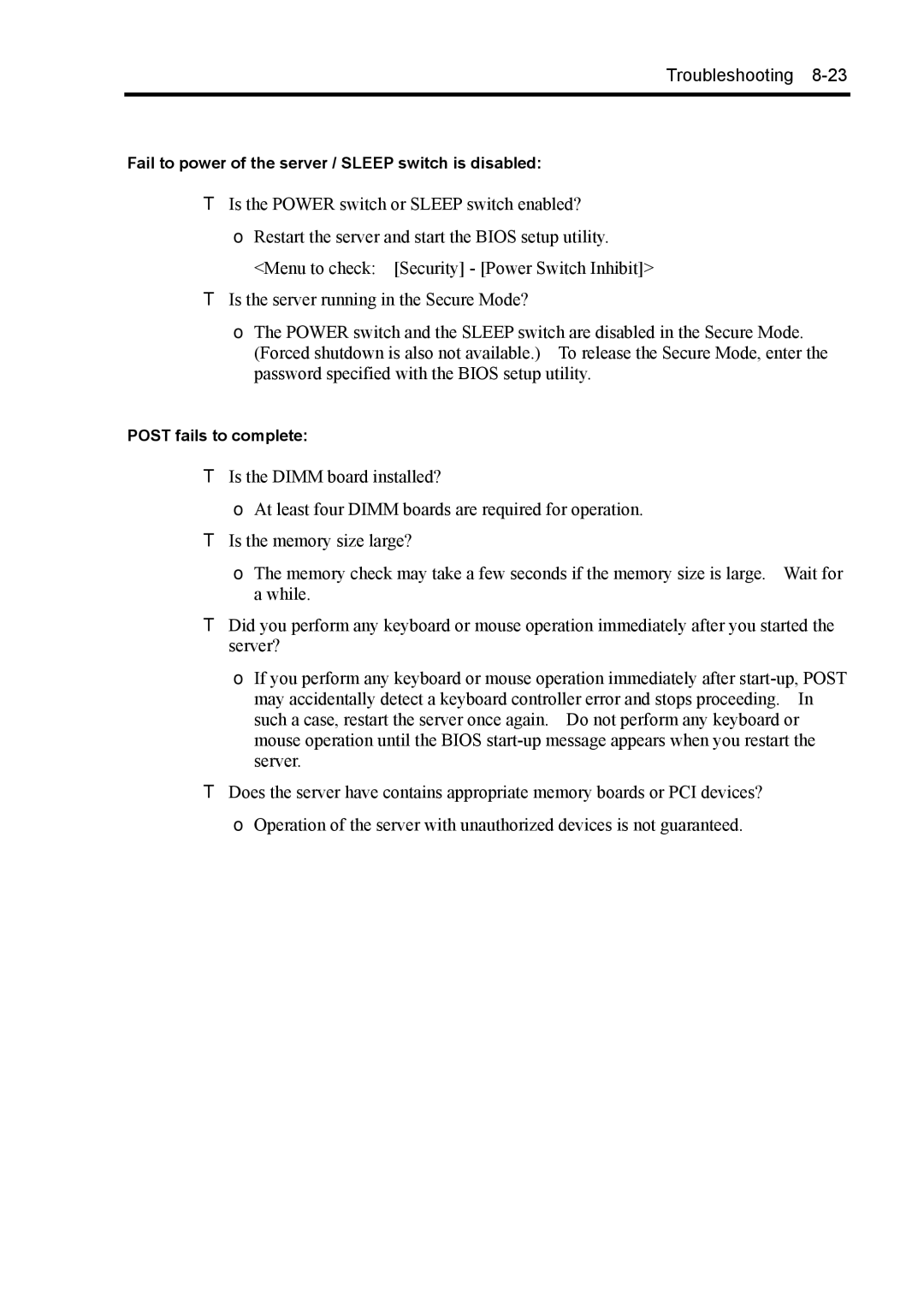 NEC 140Rc-4 manual Fail to power of the server / Sleep switch is disabled, Post fails to complete 