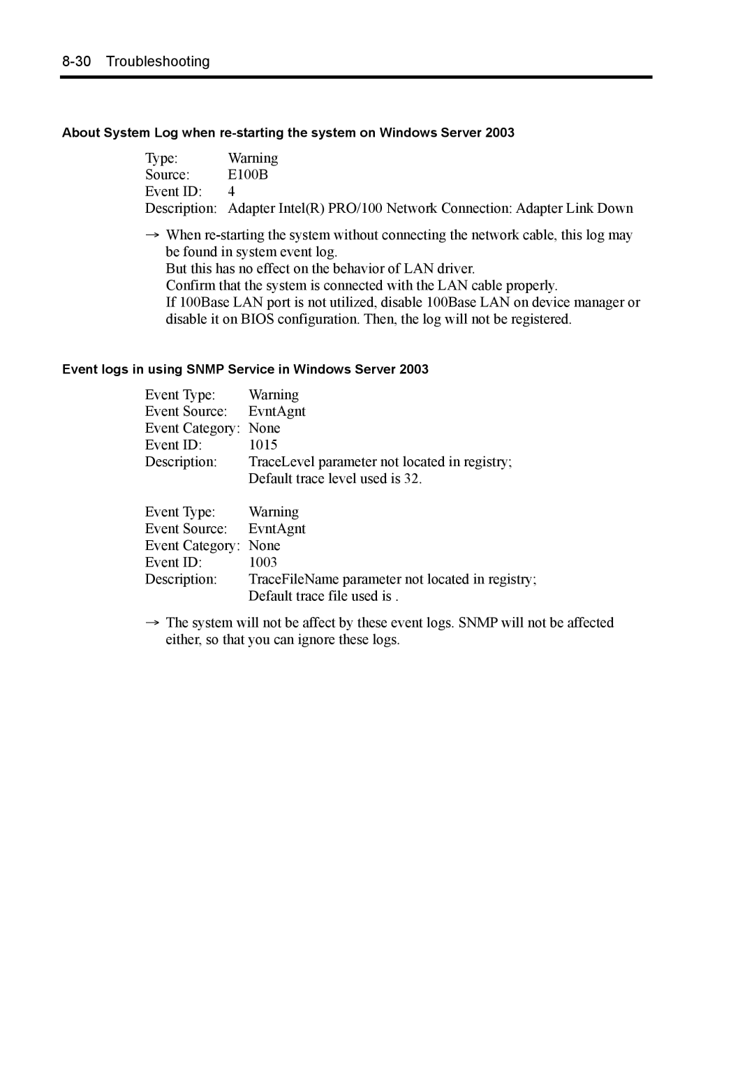 NEC 140Rc-4 manual Event logs in using Snmp Service in Windows Server 