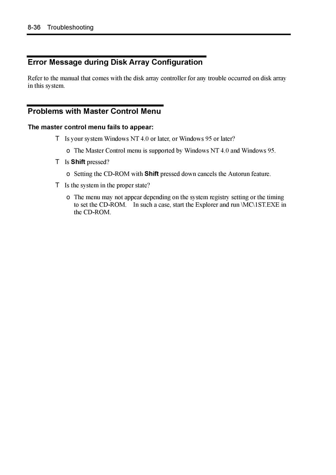 NEC 140Rc-4 manual Error Message during Disk Array Configuration, Problems with Master Control Menu 