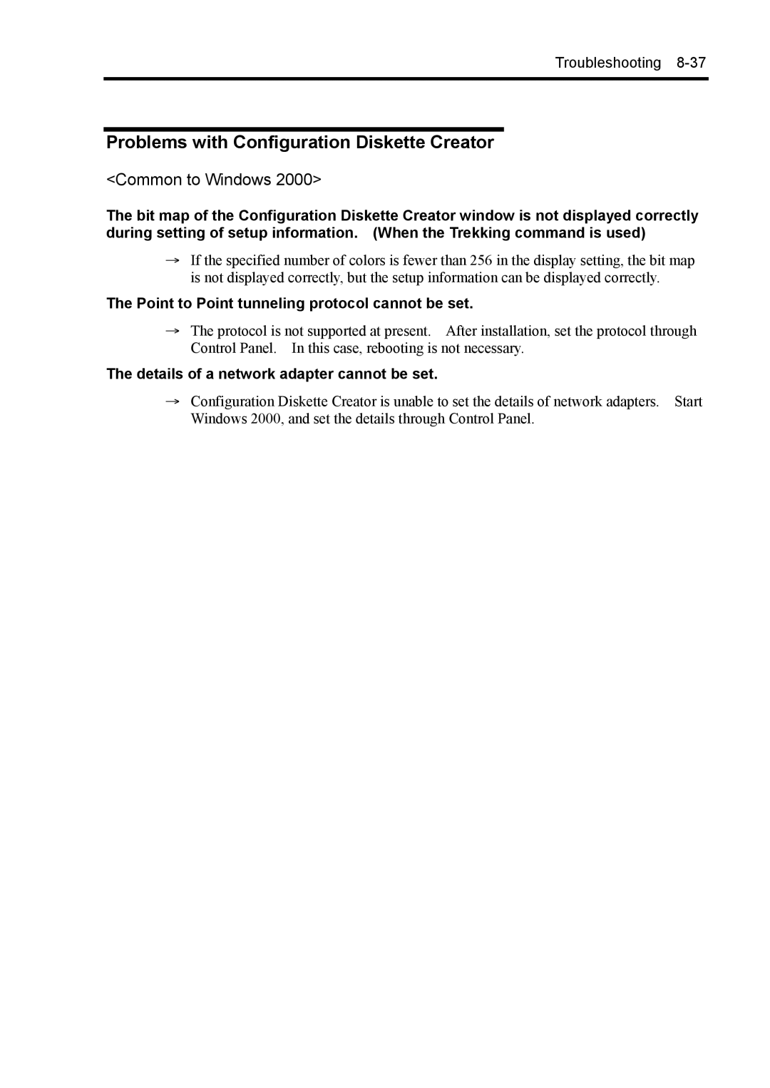 NEC 140Rc-4 manual Problems with Configuration Diskette Creator, Point to Point tunneling protocol cannot be set 