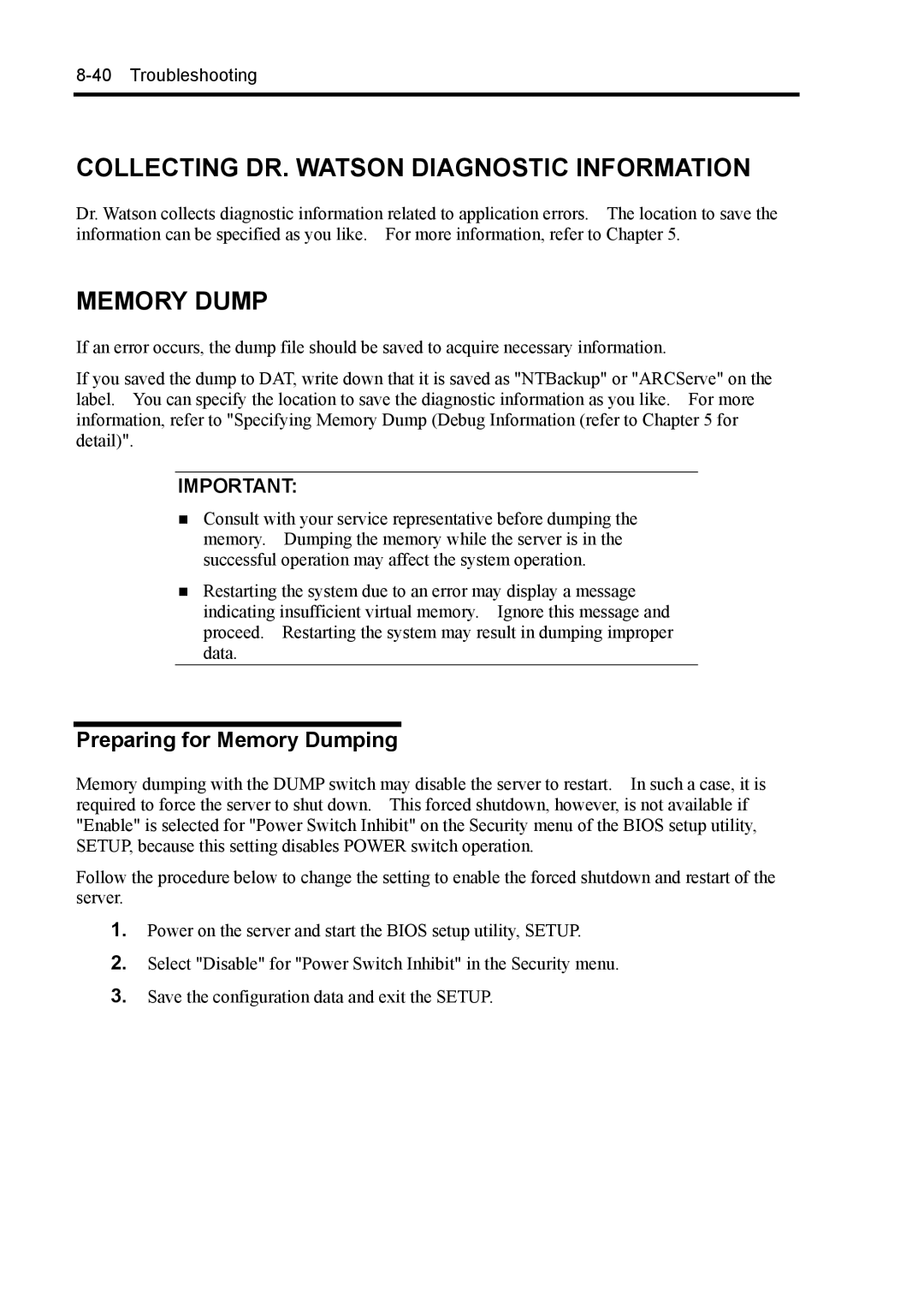 NEC 140Rc-4 manual Collecting DR. Watson Diagnostic Information, Preparing for Memory Dumping 