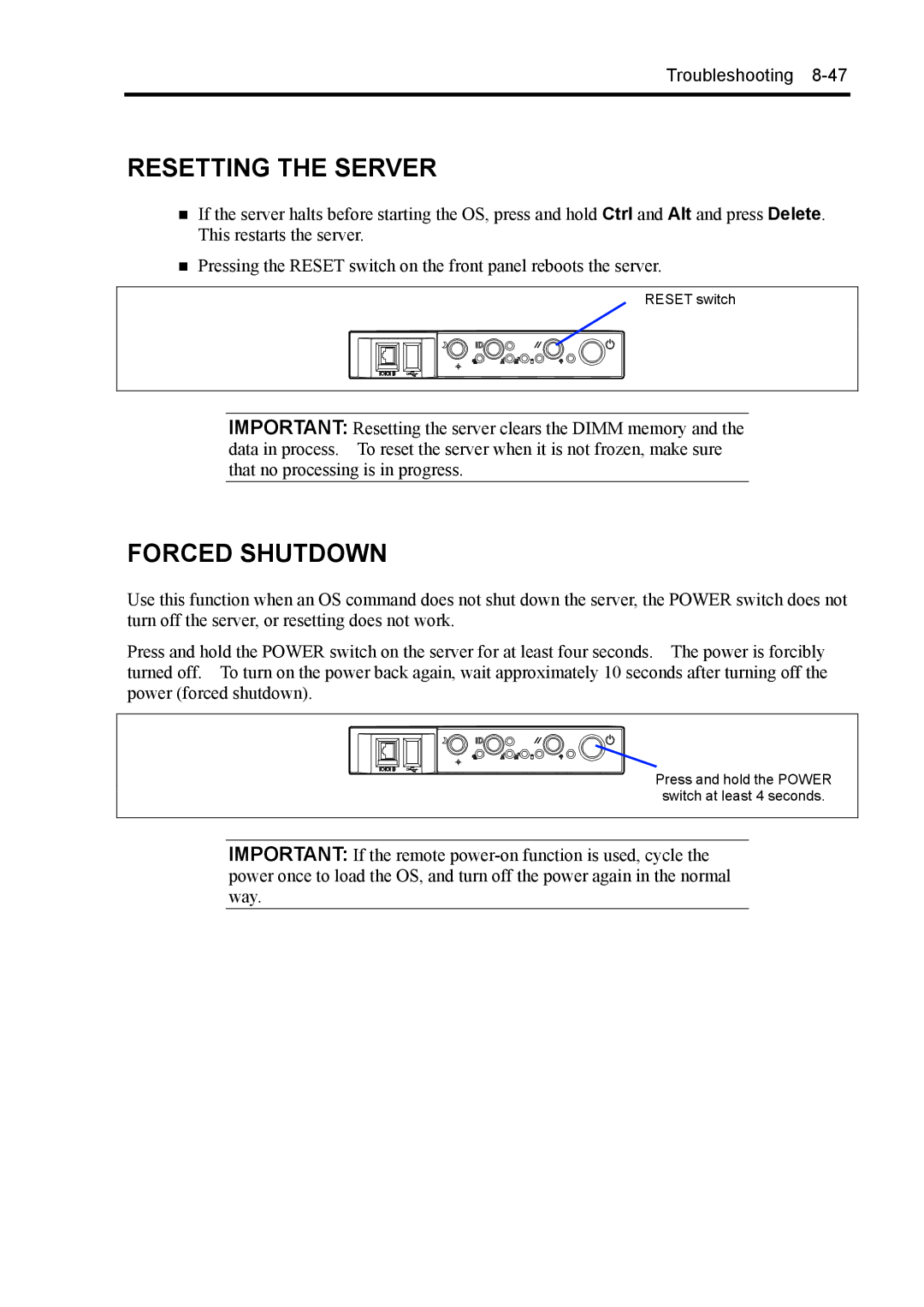 NEC 140Rc-4 manual Resetting the Server, Forced Shutdown 