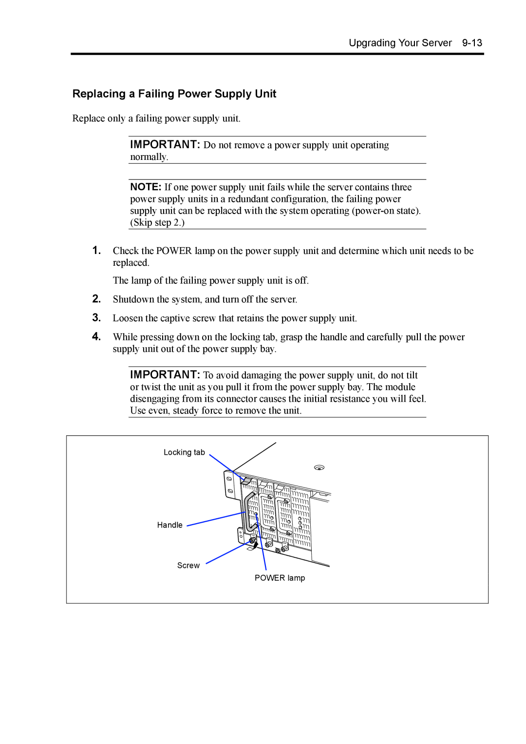 NEC 140Rc-4 manual Replacing a Failing Power Supply Unit 