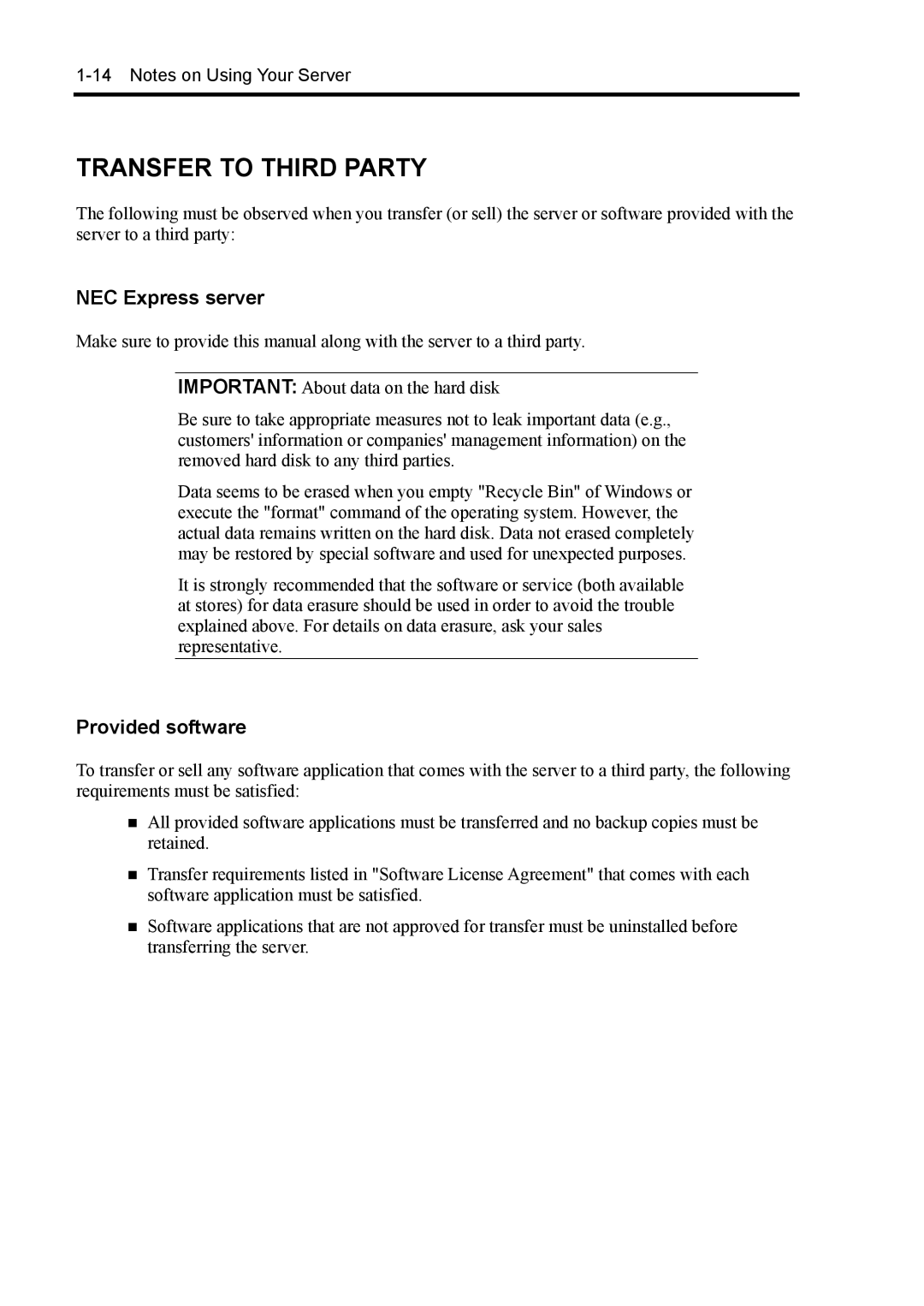 NEC 140Rc-4 manual Transfer to Third Party, NEC Express server, Provided software 