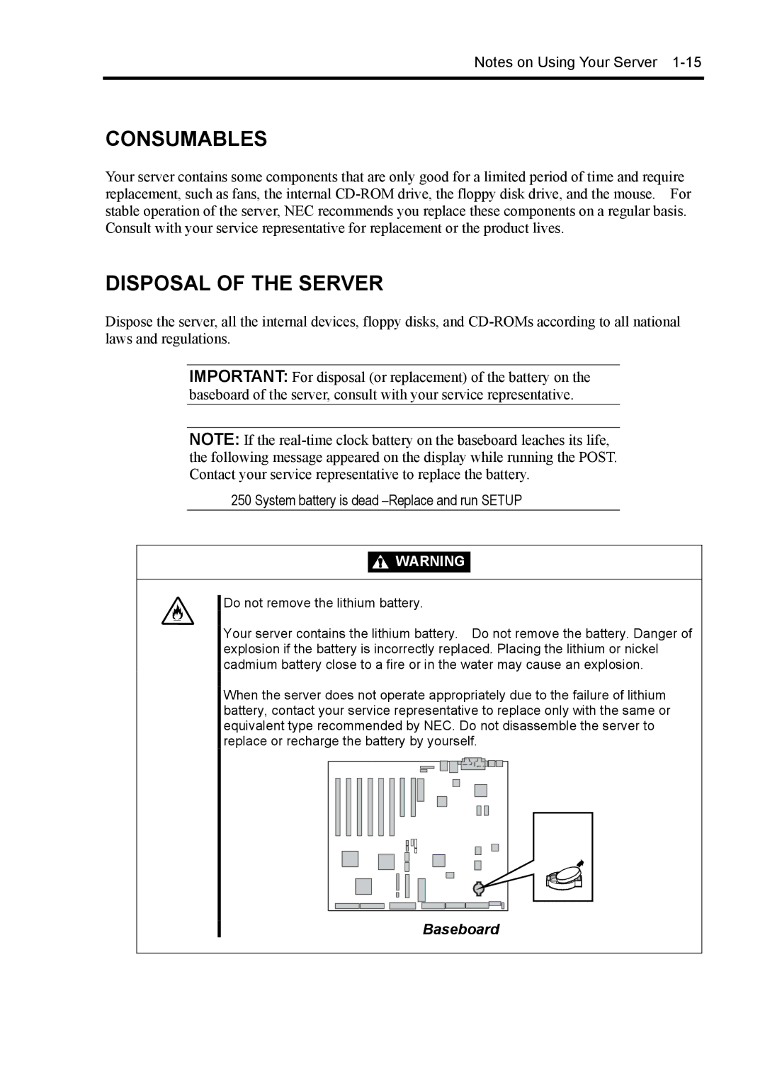 NEC 140Rc-4 manual Consumables, Disposal of the Server 