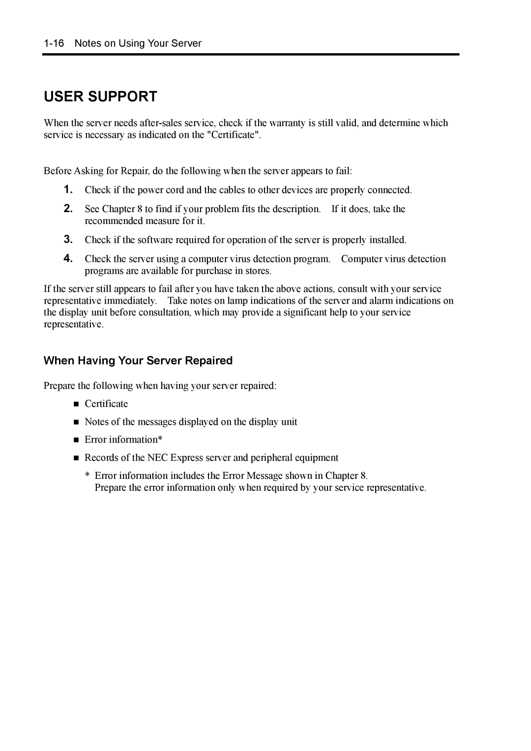 NEC 140Rc-4 manual User Support, When Having Your Server Repaired 