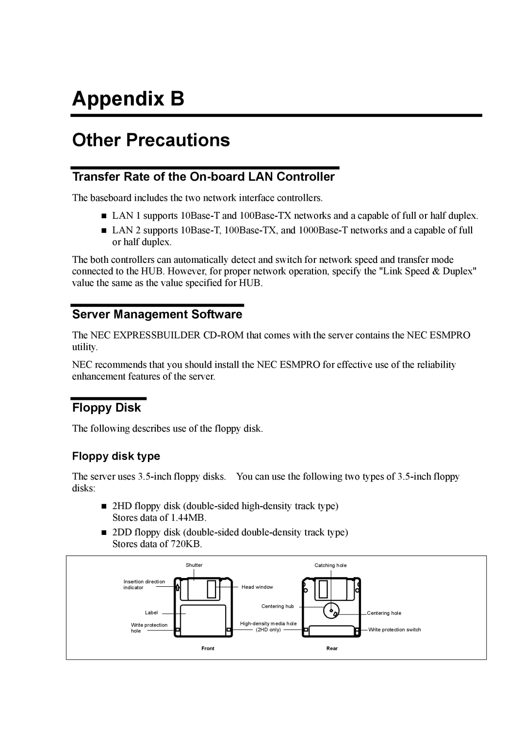 NEC 140Rc-4 manual Transfer Rate of the On-board LAN Controller, Server Management Software, Floppy Disk, Floppy disk type 