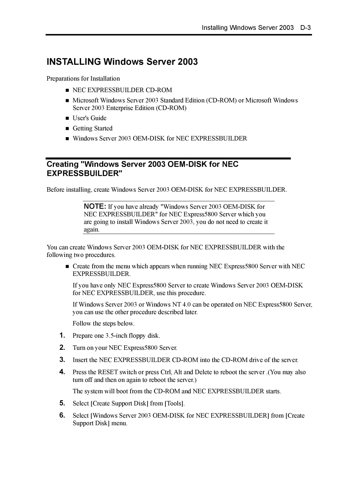 NEC 140Rc-4 manual Installing Windows Server, Creating Windows Server 2003 OEM-DISK for NEC 