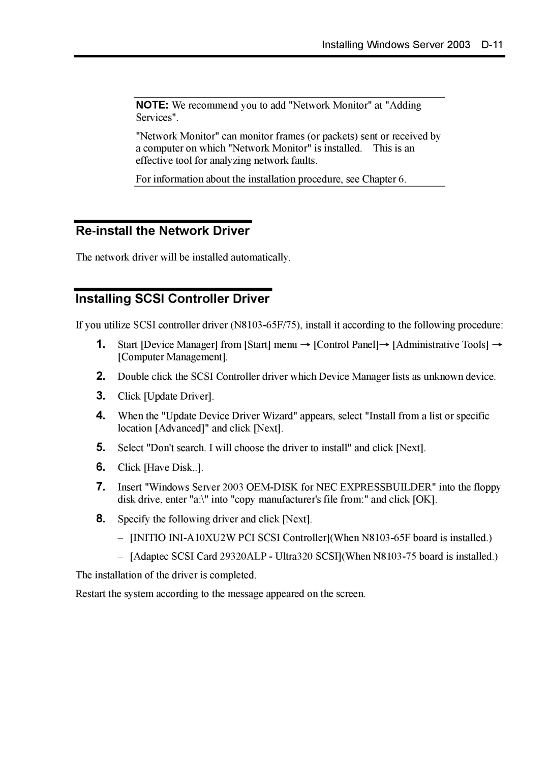 NEC 140Rc-4 manual Re-install the Network Driver, Installing Scsi Controller Driver 