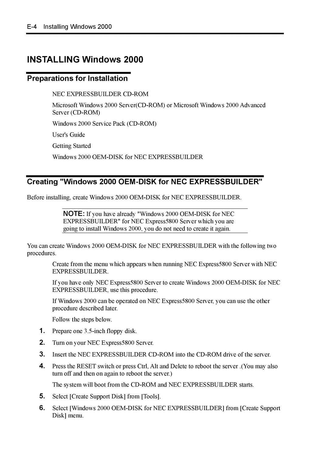 NEC 140Rc-4 manual Preparations for Installation, Creating Windows 2000 OEM-DISK for NEC Expressbuilder 