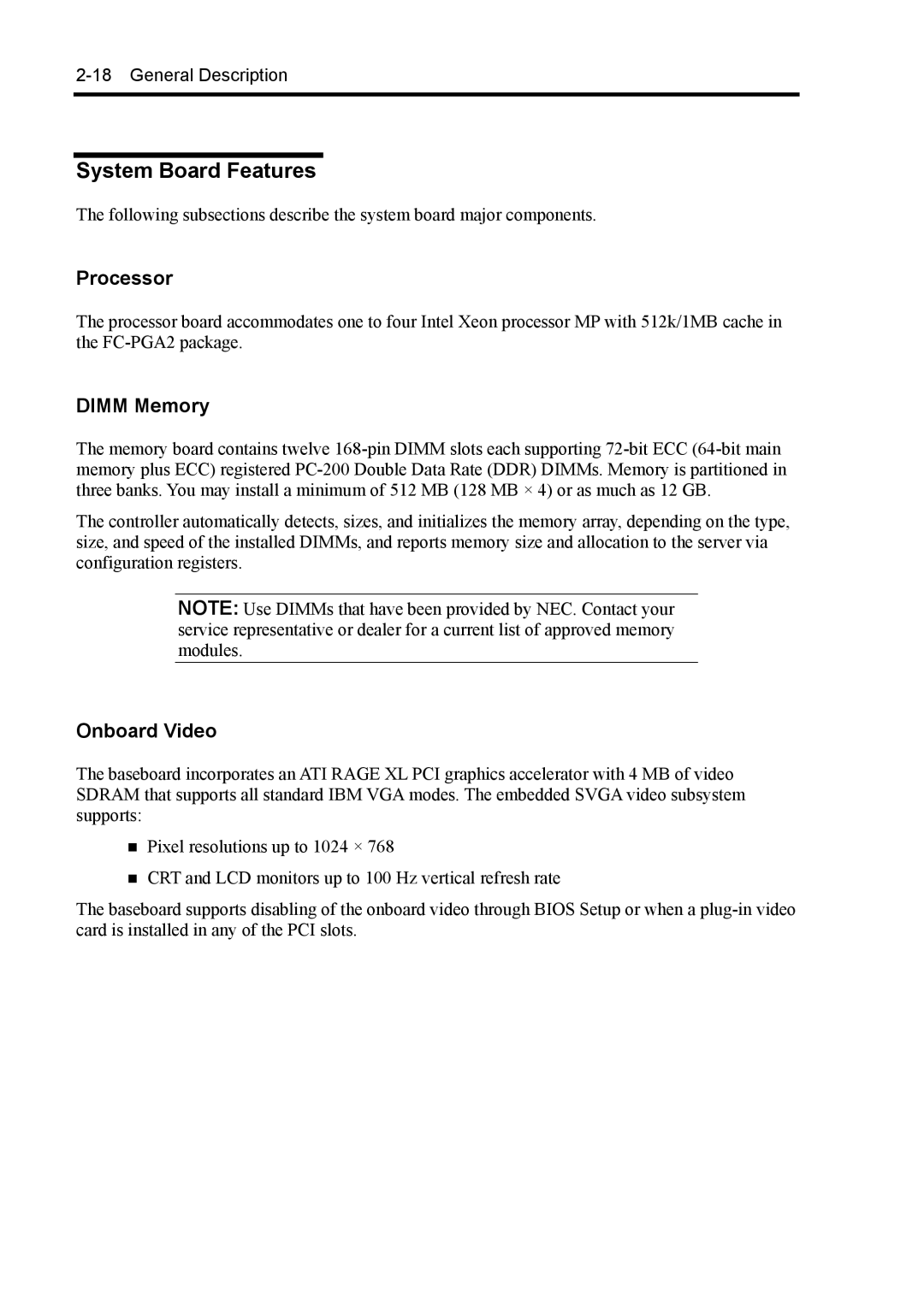 NEC 140Rc-4 manual System Board Features, Processor, Dimm Memory, Onboard Video 