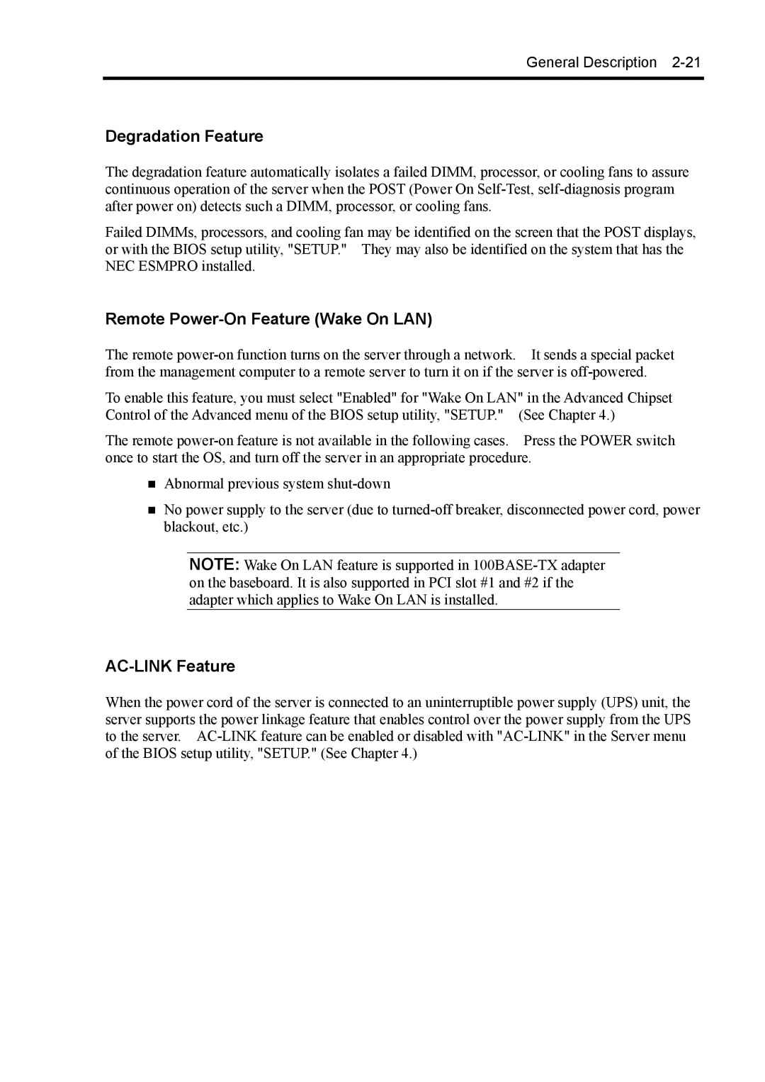 NEC 140Rc-4 manual Degradation Feature, Remote Power-On Feature Wake On LAN, AC-LINK Feature 