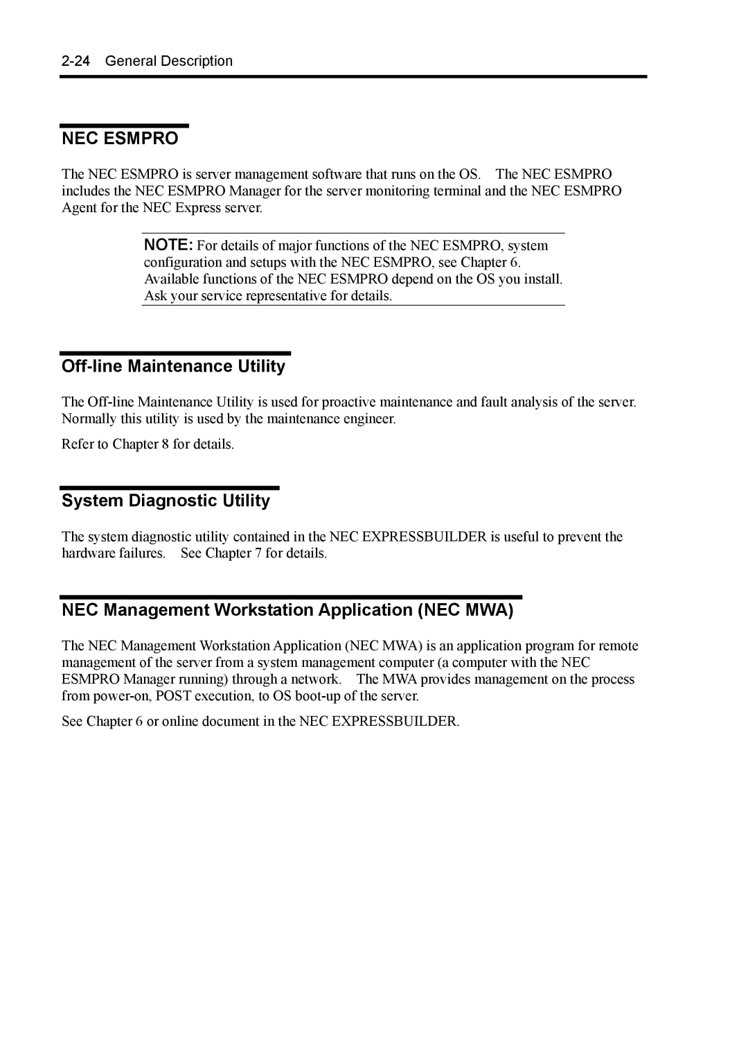 NEC 140Rc-4 manual Off-line Maintenance Utility, System Diagnostic Utility, NEC Management Workstation Application NEC MWA 