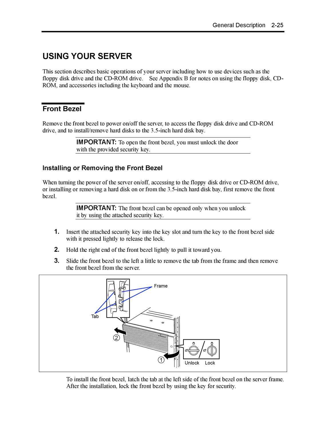 NEC 140Rc-4 manual Using Your Server, Installing or Removing the Front Bezel 