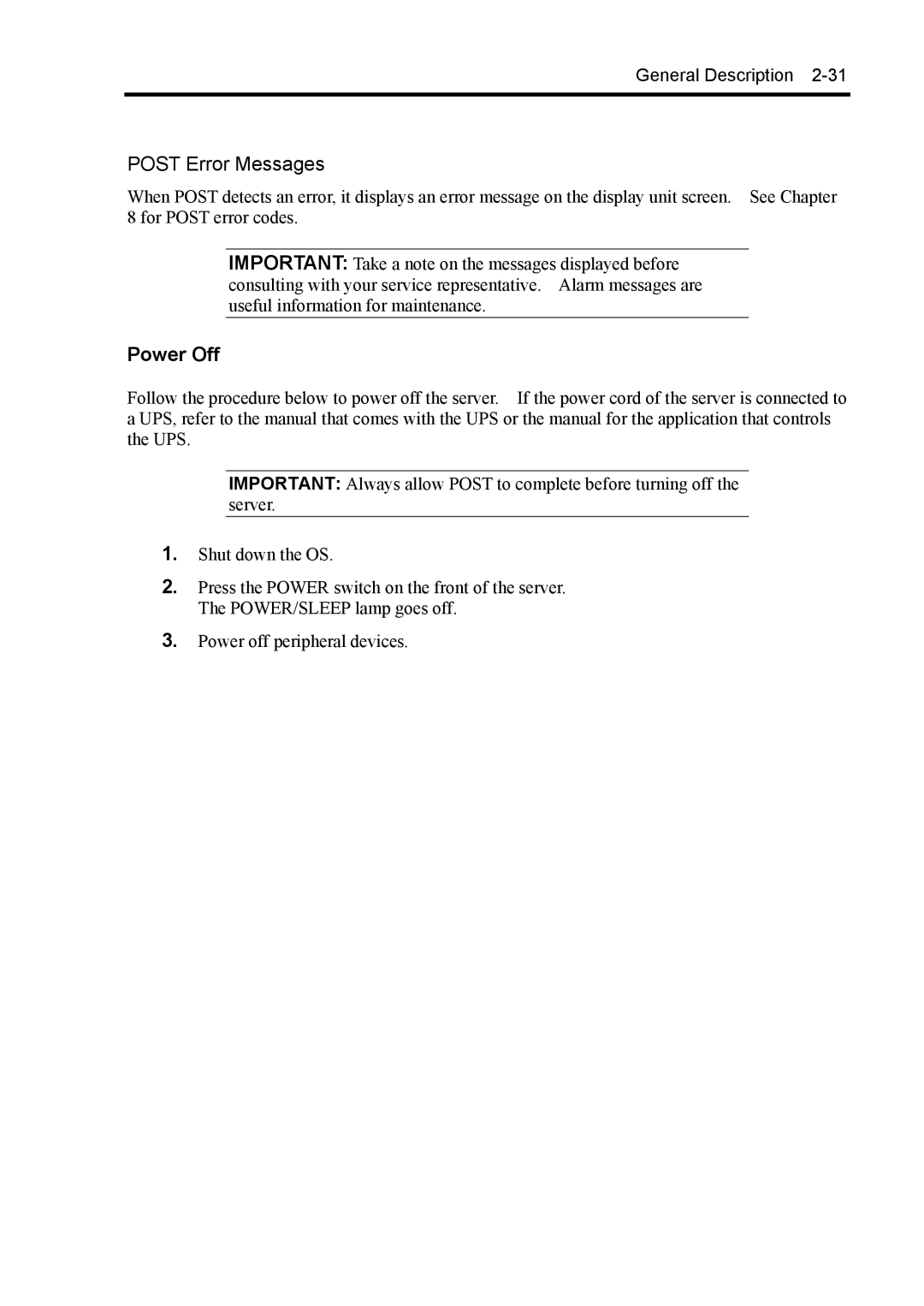 NEC 140Rc-4 manual Post Error Messages, Power Off 