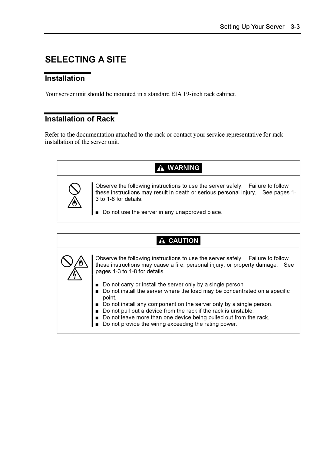 NEC 140Rc-4 manual Selecting a Site, Installation of Rack 