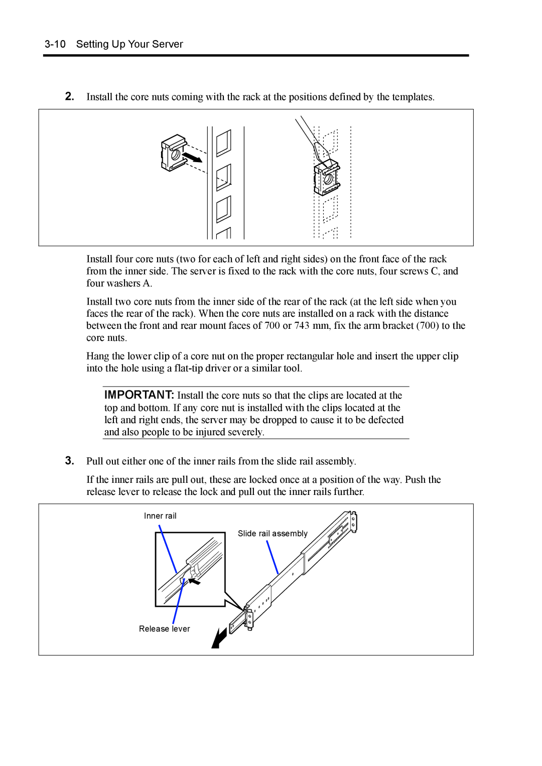 NEC 140Rc-4 manual Inner rail Slide rail assembly Release lever 