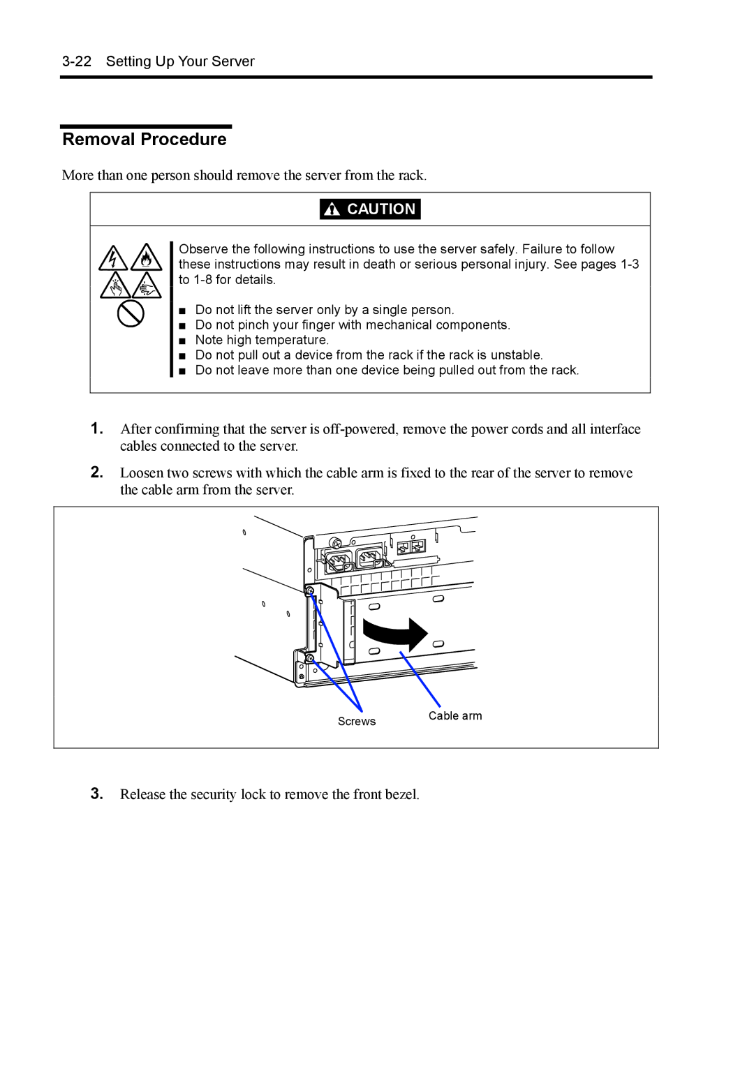 NEC 140Rc-4 manual Removal Procedure, More than one person should remove the server from the rack 