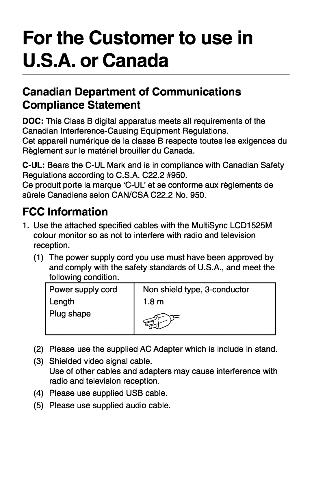 NEC 1525M manual For the Customer to use in U.S.A. or Canada, Canadian Department of Communications Compliance Statement 