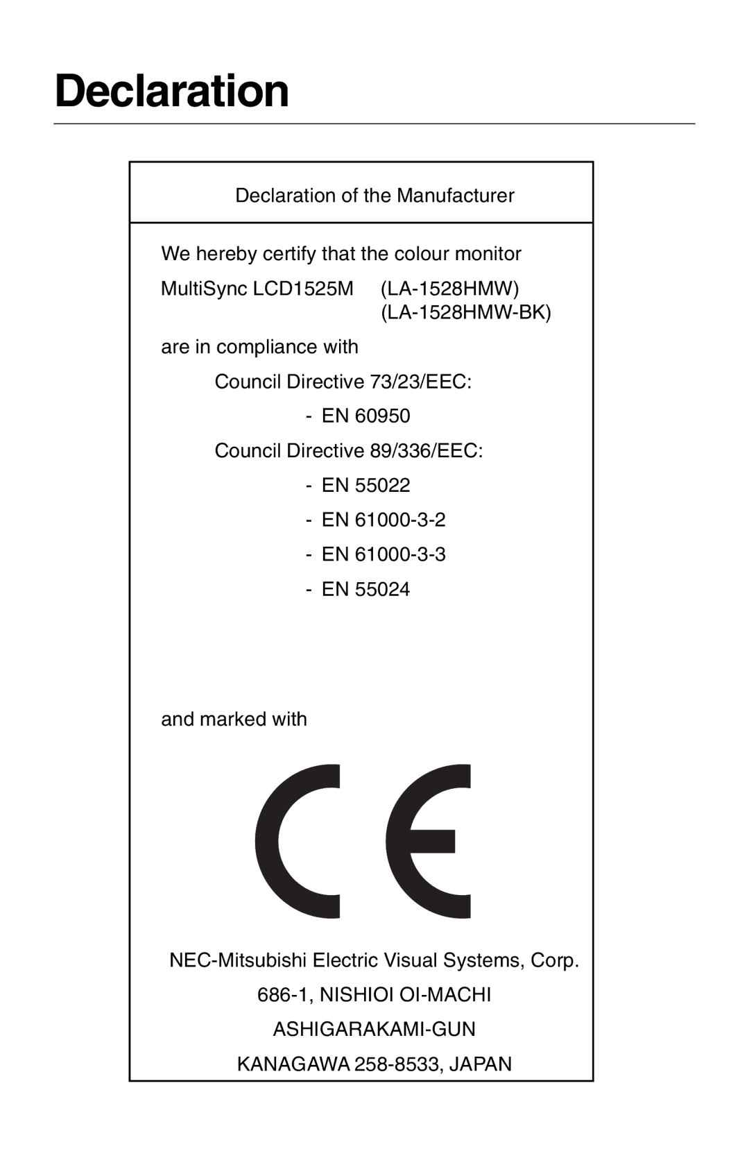 NEC 1525M manual Declaration 