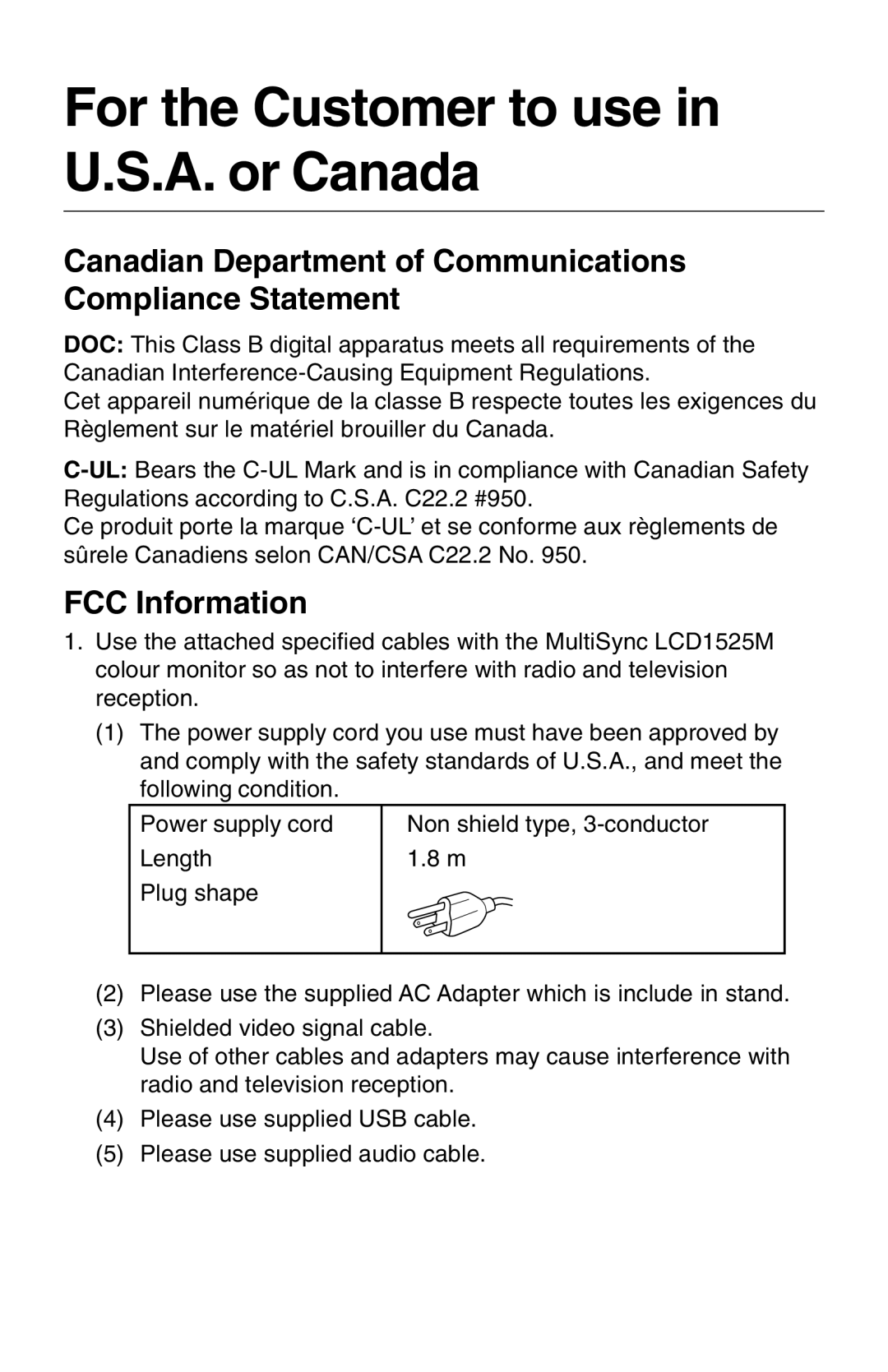 NEC 1525M manual For the Customer to use in U.S.A. or Canada 