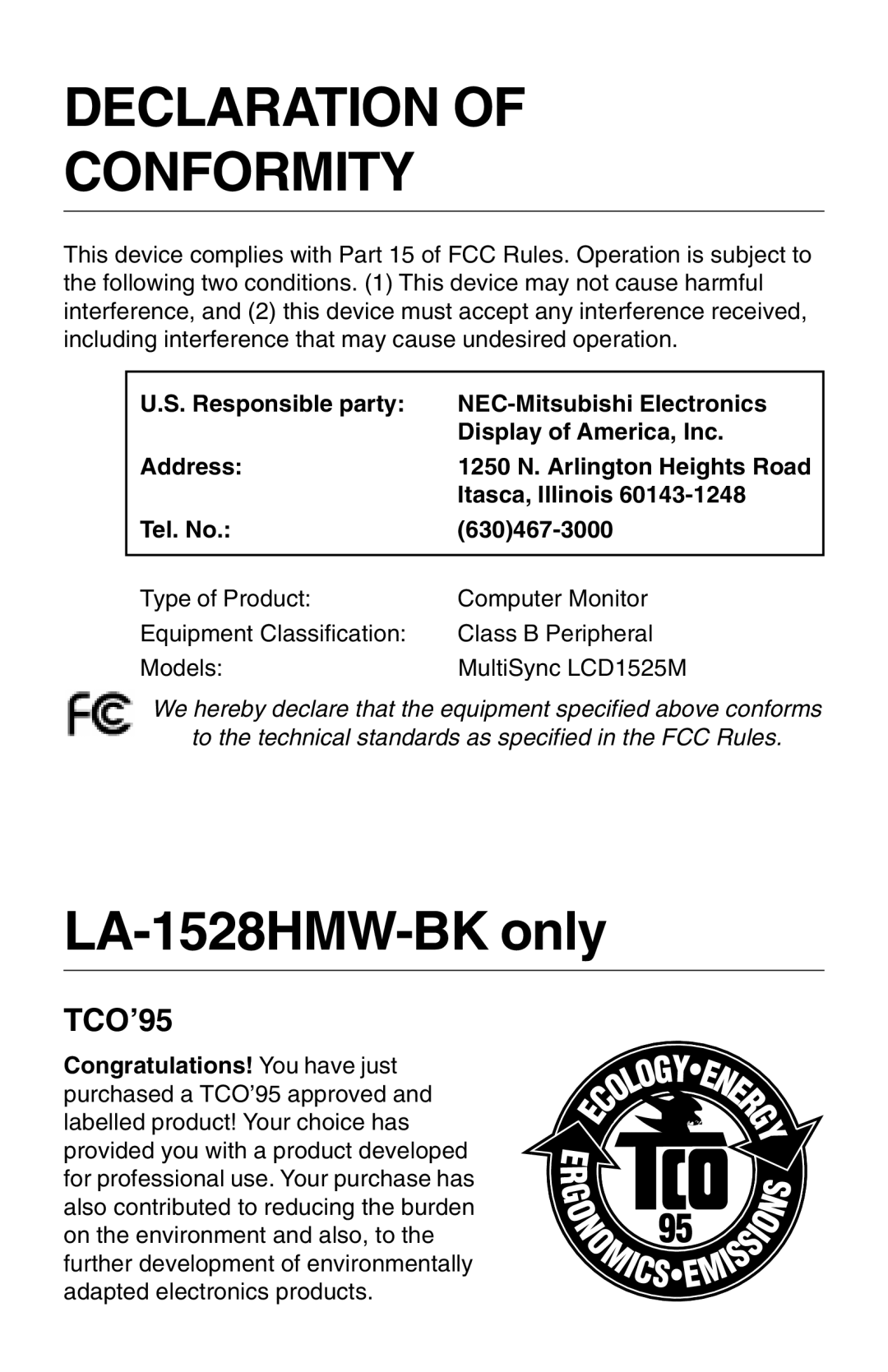 NEC 1525M manual Declaration Conformity 