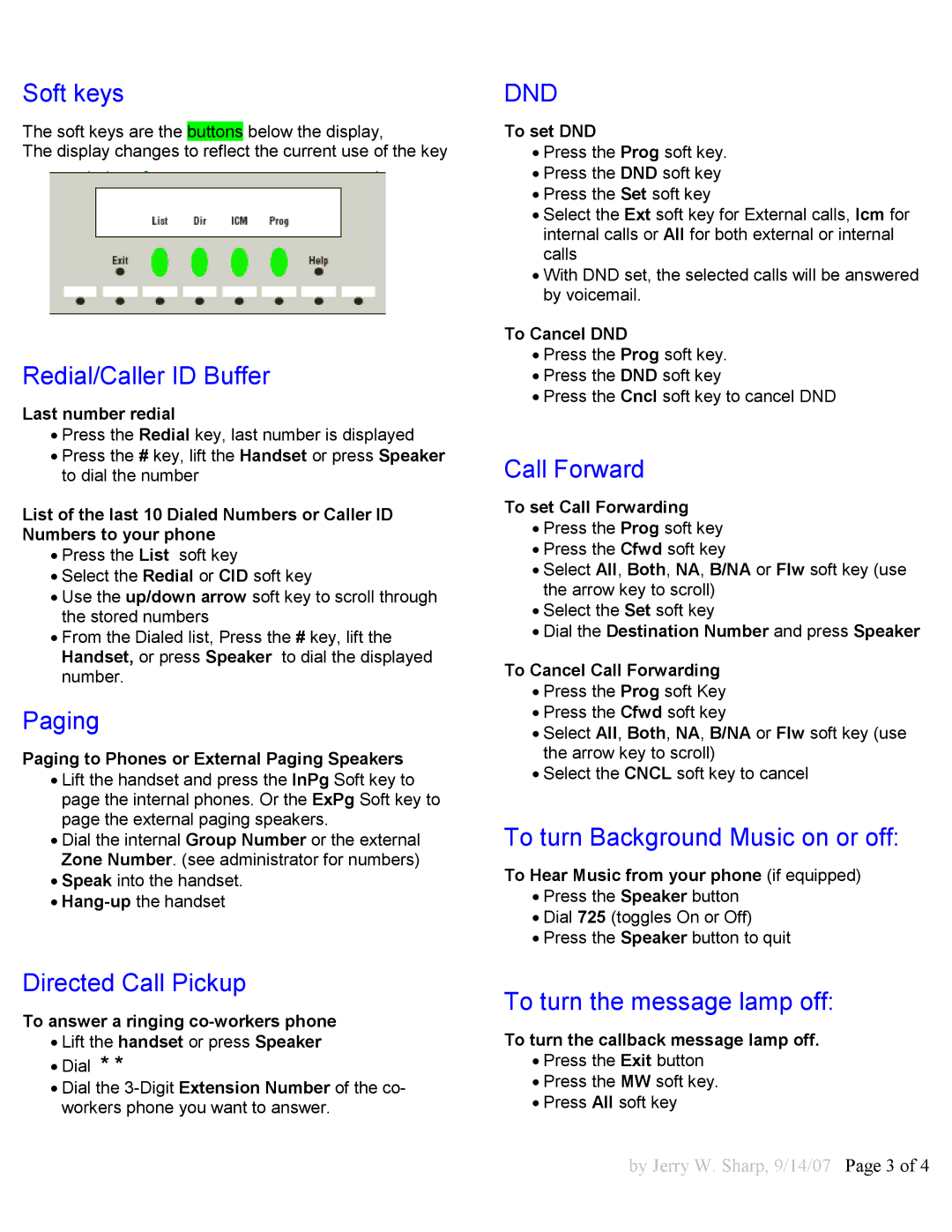 NEC DTH-32D Soft keys, Redial/Caller ID Buffer, Paging, Directed Call Pickup, Call Forward, To turn the message lamp off 