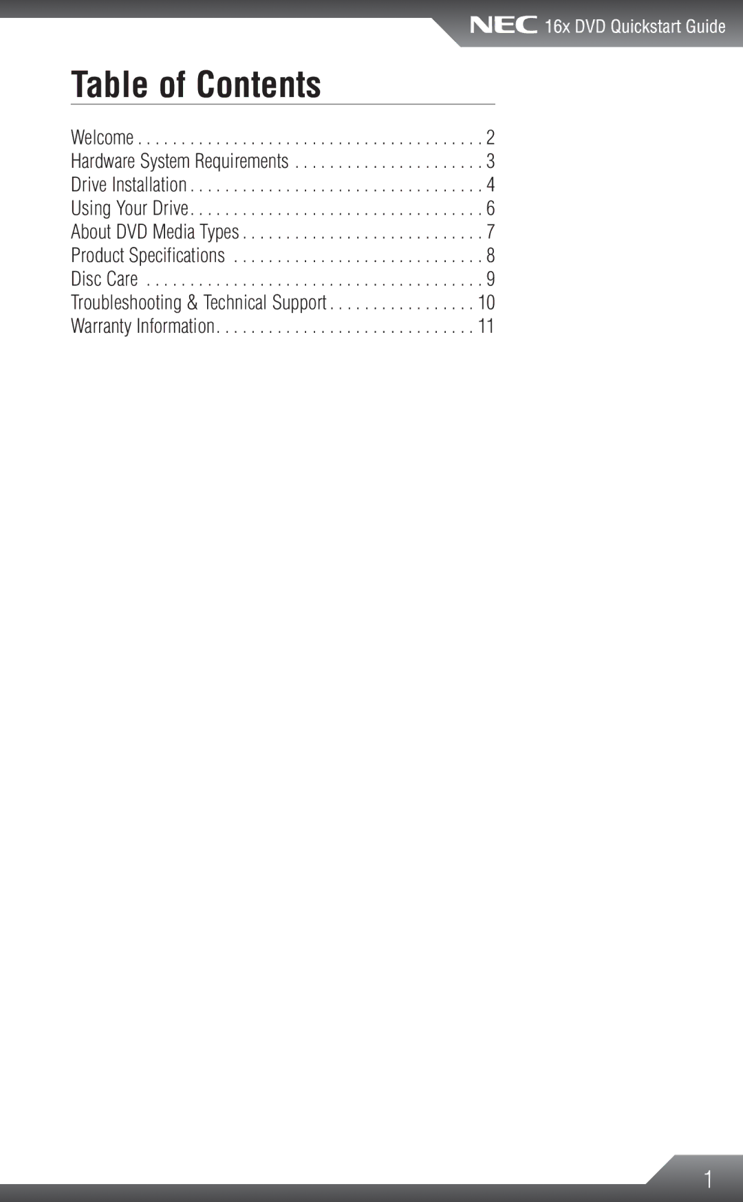 NEC 16x manual Table of Contents 