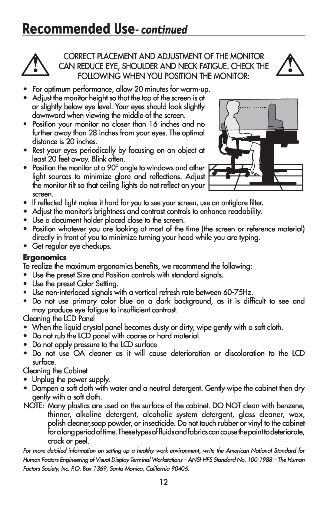 NEC 175VXM user manual Recommended Use- continued, Correct Placement And Adjustment Of The Monitor, Ergonomics 