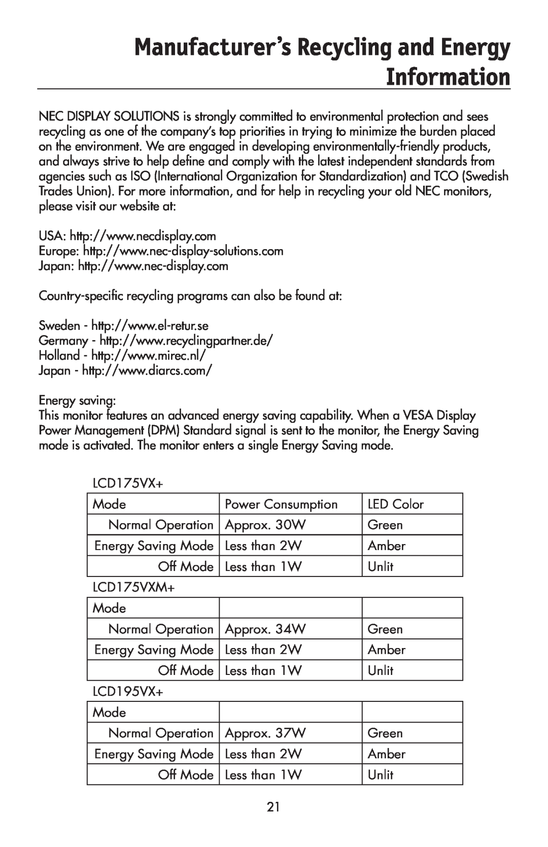 NEC 175VXM user manual Manufacturer’s Recycling and Energy Information 
