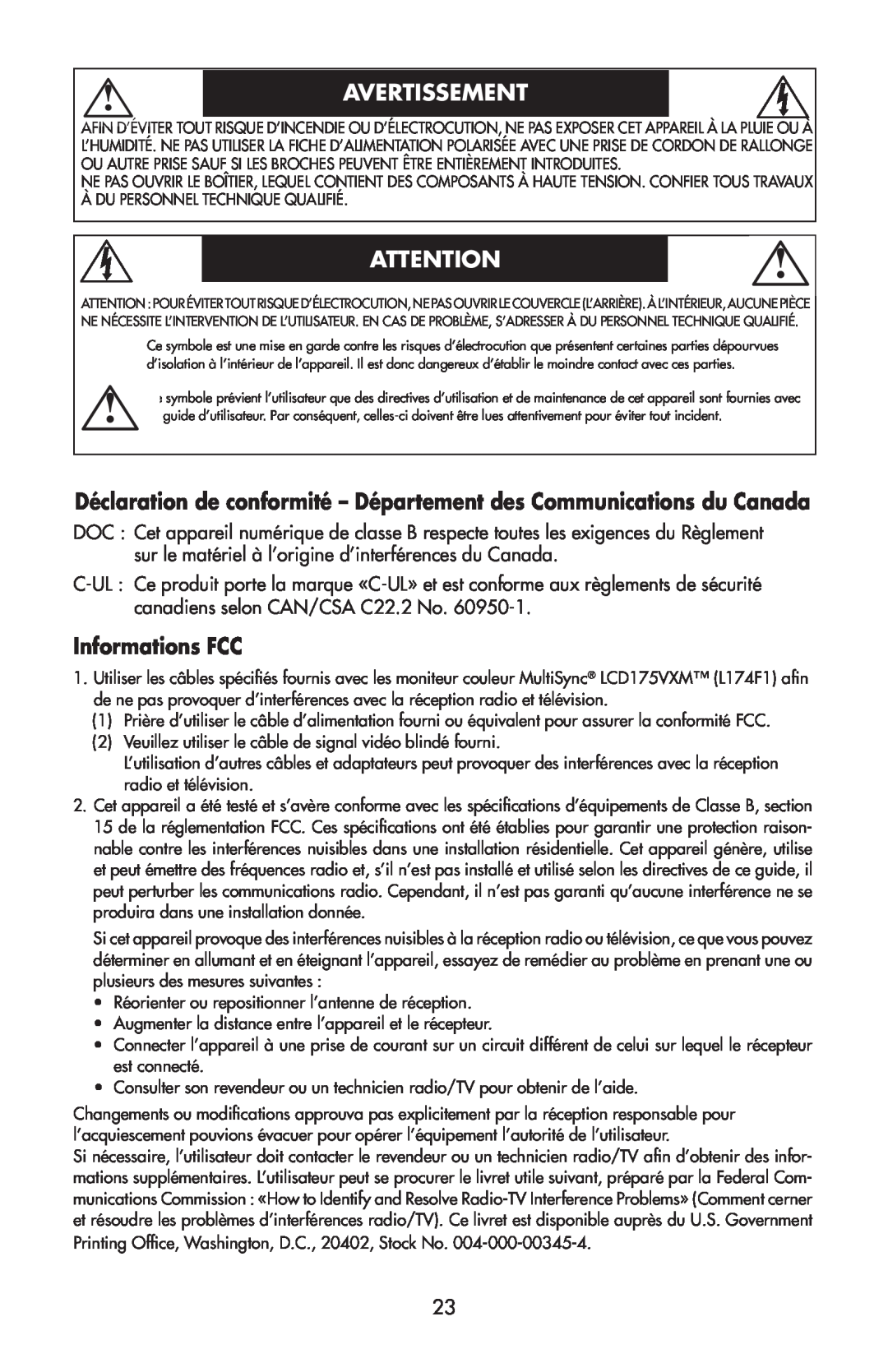 NEC 175VXM user manual Avertissement, Informations FCC 