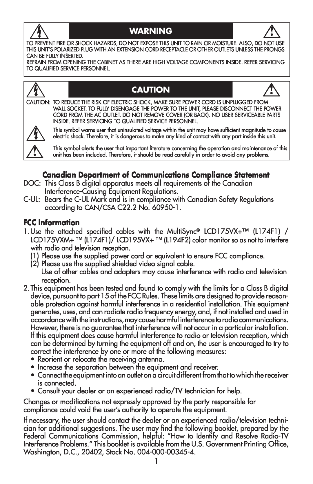 NEC 175VXM user manual FCC Information 