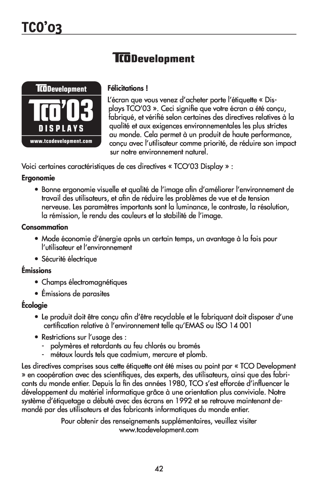 NEC 175VXM user manual TCO’03, Félicitations 